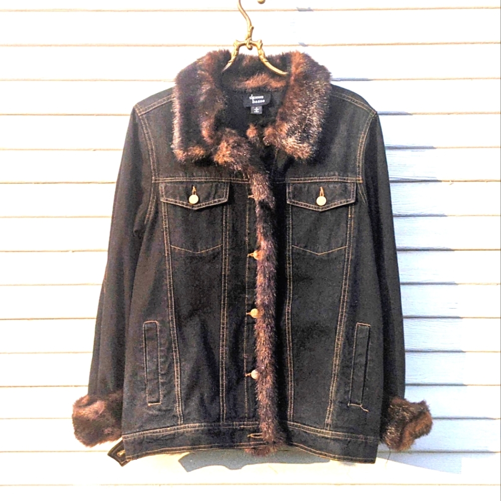 Denim jacket with faux fur trim